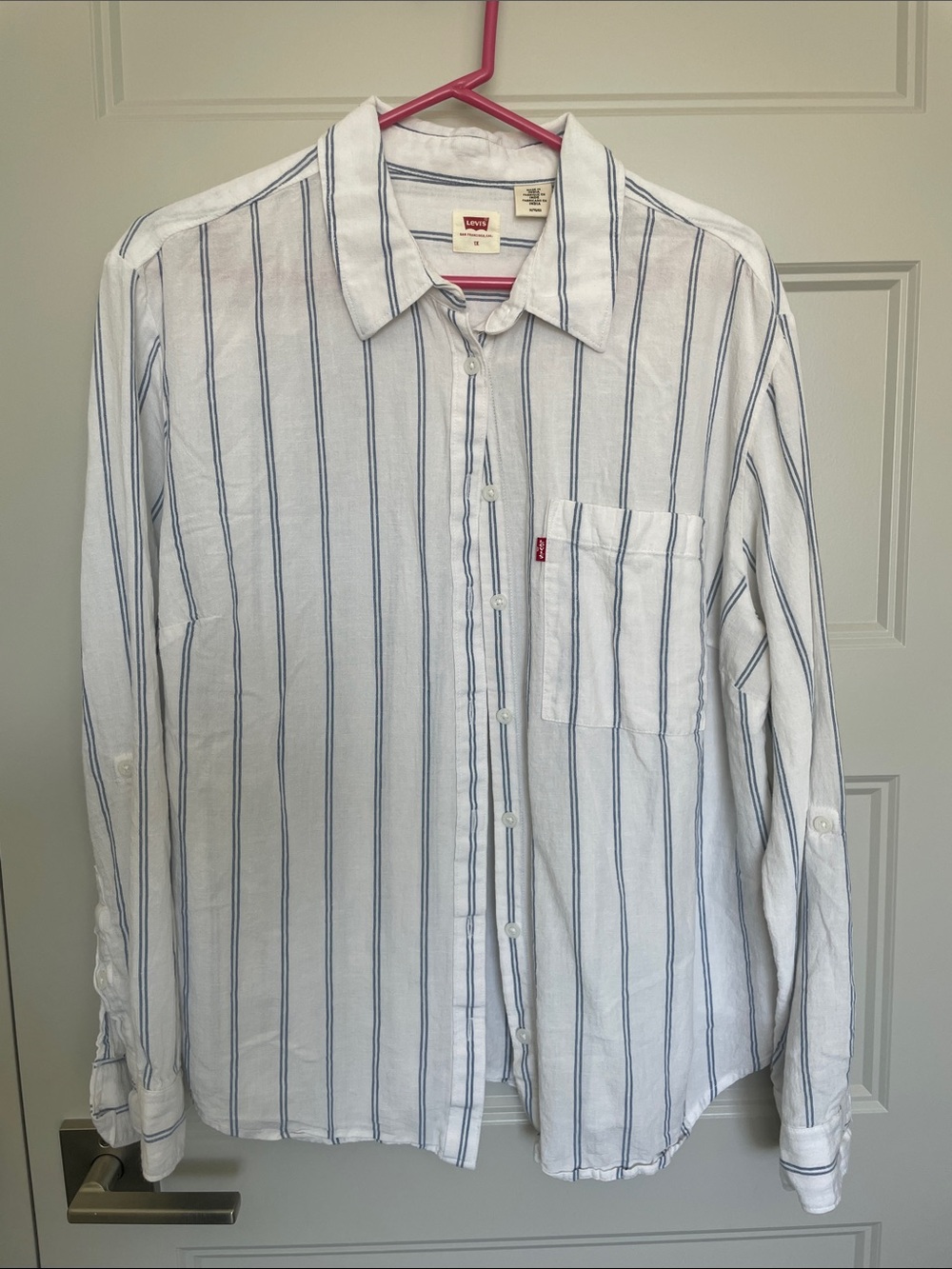 Levi's White Button-Down Shirt with Blue Vertical Stripes